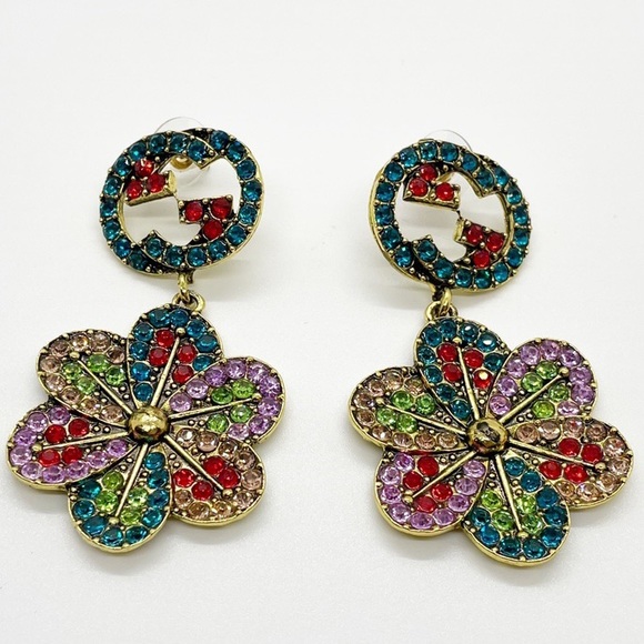 New Gold Multicolored Stud Dangle Earrings - Picture 2 of 6